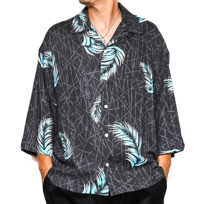 3/4 SLEEVE ALLOVER FEATHER PATTERN R/P DROP SHOULDER SHIRT